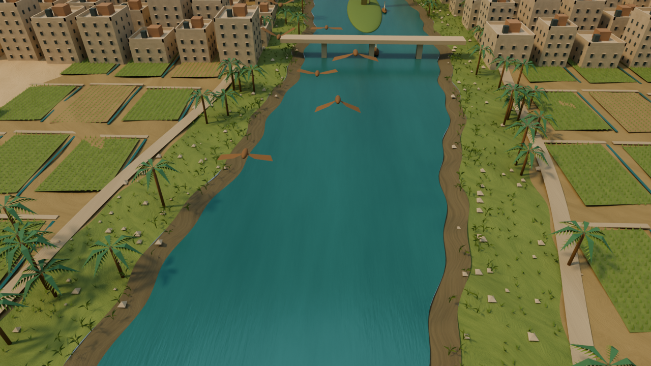 Blender-render van de FARROUH-maquette, niet een echte luchtfoto.